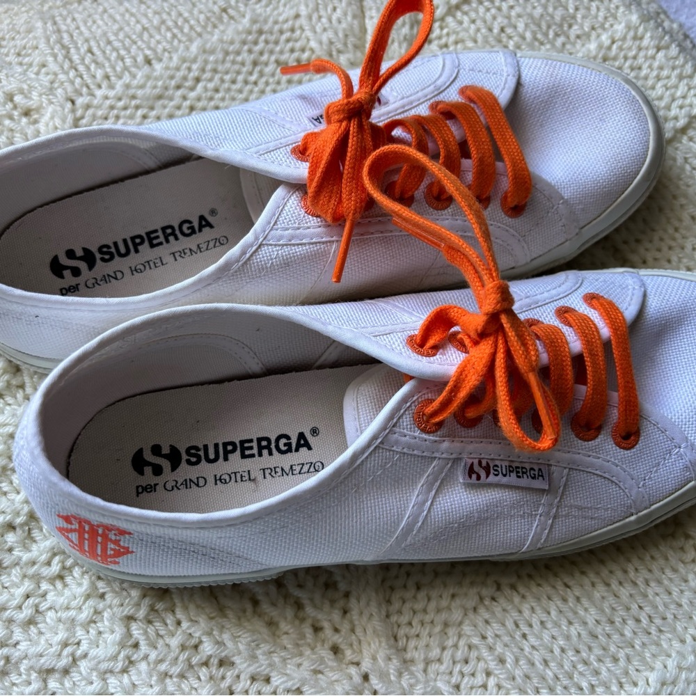 Superga White Sneakers with Vibrant Orange Laces Grand Hotel Tremezzo Lake Como